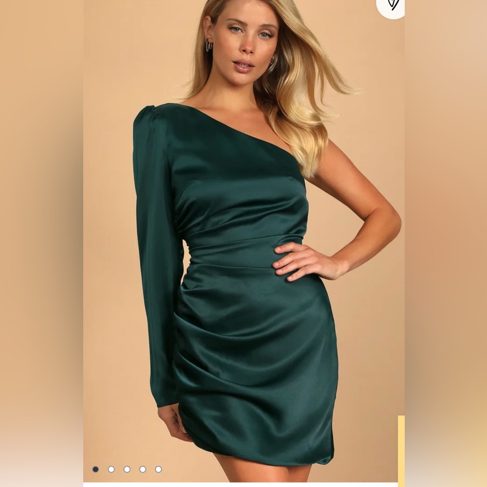COPY - Lulu’s “Happy Hour Chic Emerald Satin Ruched One-Shoulder Mini Dress” NW…